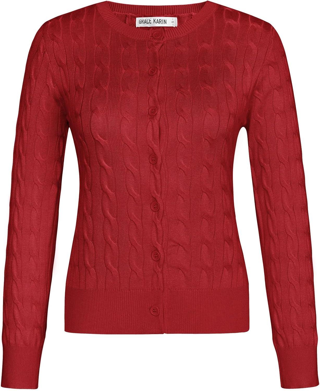 imageGRACE KARIN Womens Long Sleeve Button Up Cable Knit Cardigan Lightweight 2026 Crewneck Button Down Sweaters for WomenRed