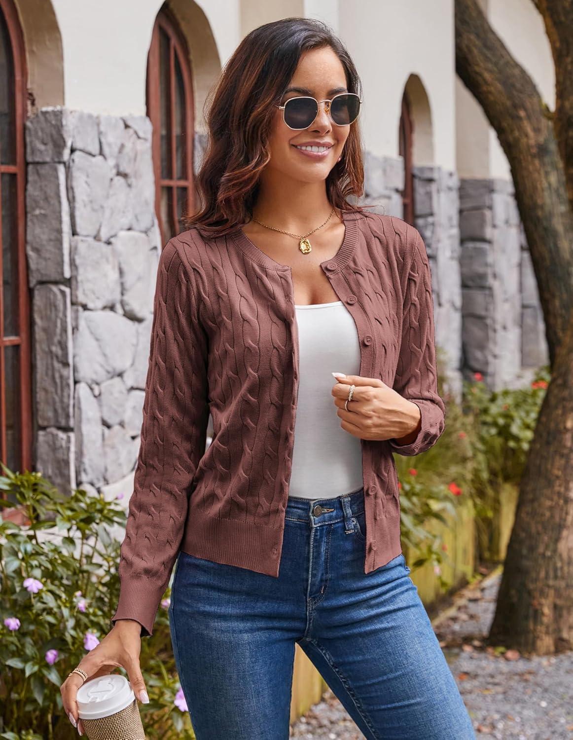 imageGRACE KARIN Womens Long Sleeve Button Up Cable Knit Cardigan Lightweight 2026 Crewneck Button Down Sweaters for WomenRose Taupe