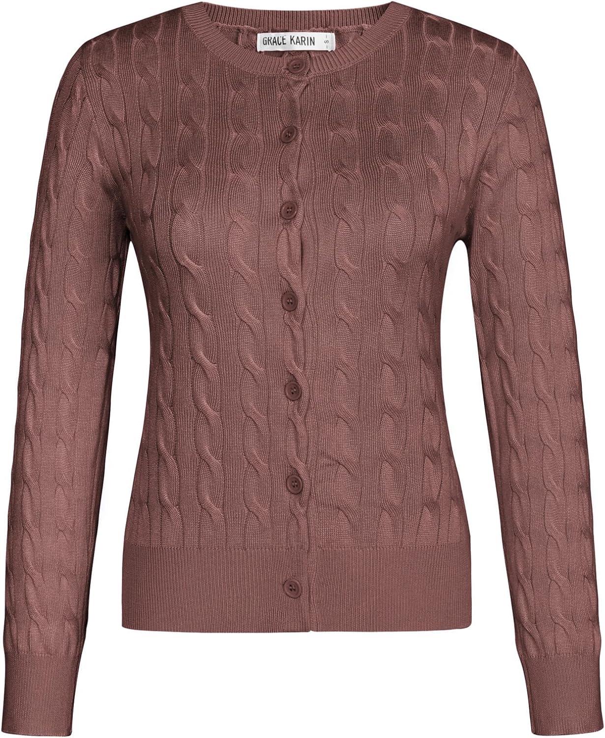 imageGRACE KARIN Womens Long Sleeve Button Up Cable Knit Cardigan Lightweight 2026 Crewneck Button Down Sweaters for WomenRose Taupe