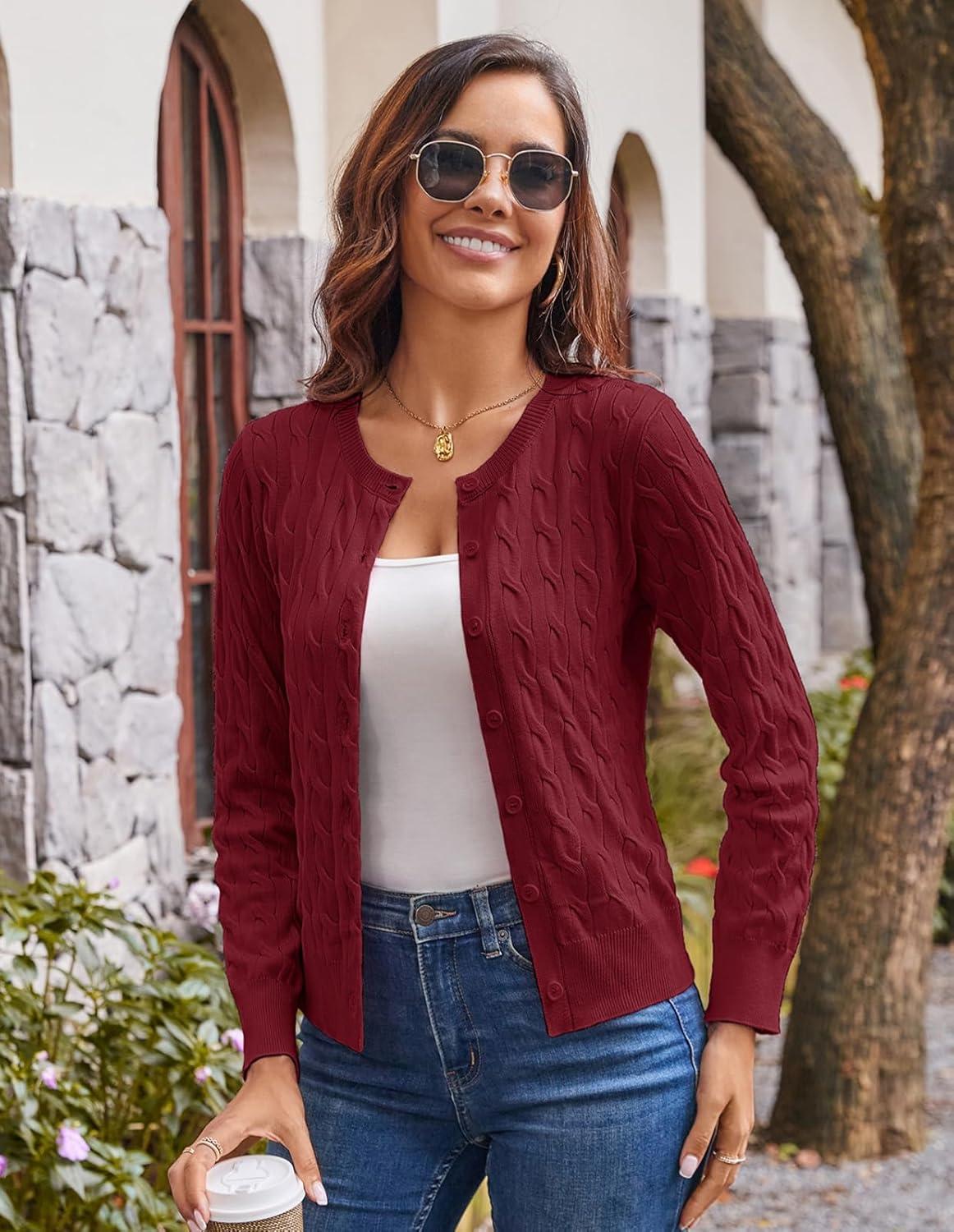 imageGRACE KARIN Womens Long Sleeve Button Up Cable Knit Cardigan Lightweight 2026 Crewneck Button Down Sweaters for WomenWine Red