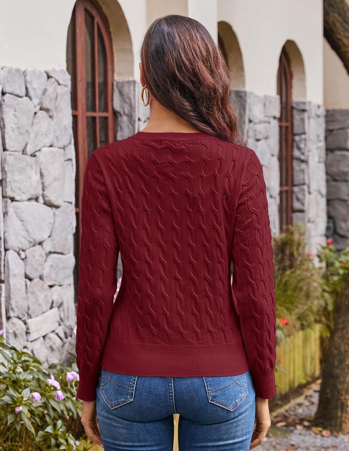 imageGRACE KARIN Womens Long Sleeve Button Up Cable Knit Cardigan Lightweight 2026 Crewneck Button Down Sweaters for WomenWine Red