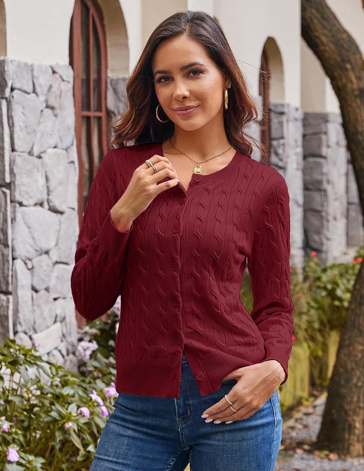 imageGRACE KARIN Womens Long Sleeve Button Up Cable Knit Cardigan Lightweight 2026 Crewneck Button Down Sweaters for WomenWine Red