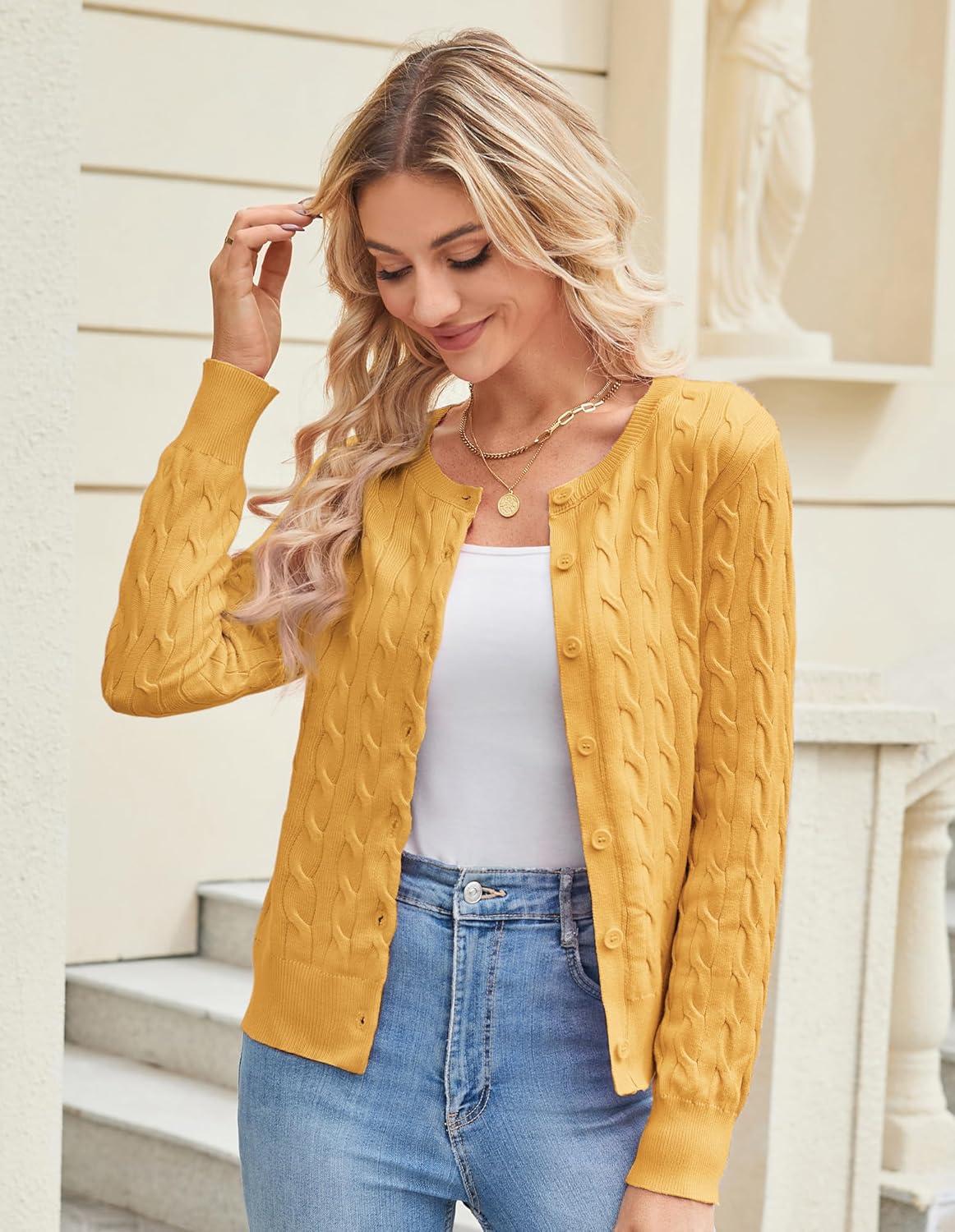 imageGRACE KARIN Womens Long Sleeve Button Up Cable Knit Cardigan Lightweight 2026 Crewneck Button Down Sweaters for WomenYellow