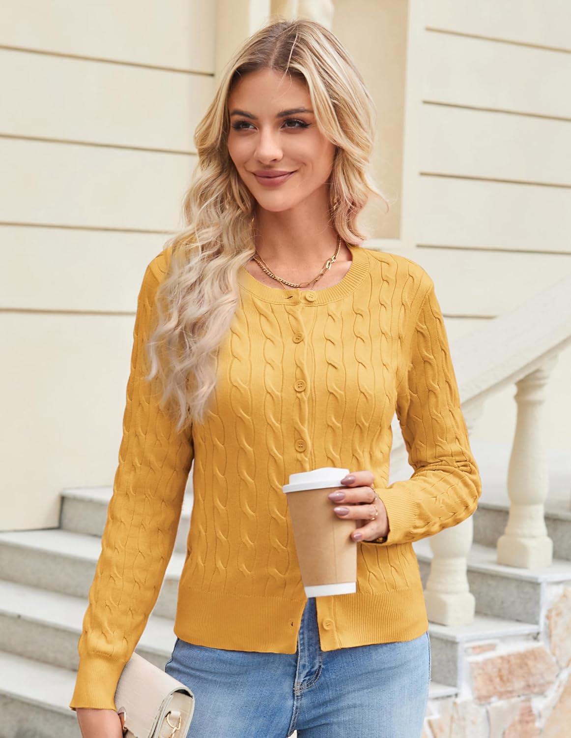 imageGRACE KARIN Womens Long Sleeve Button Up Cable Knit Cardigan Lightweight 2026 Crewneck Button Down Sweaters for WomenYellow