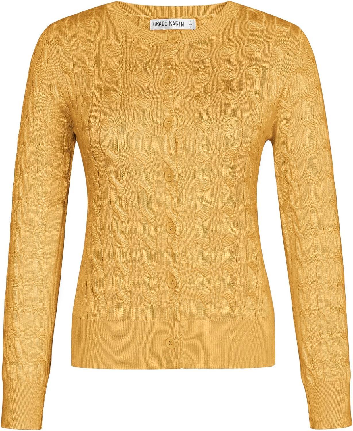 imageGRACE KARIN Womens Long Sleeve Button Up Cable Knit Cardigan Lightweight 2026 Crewneck Button Down Sweaters for WomenYellow