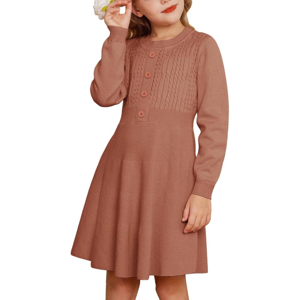 imageGRACE KARIN Girl Dress Long Sleeve Sweater Ruffle Button Front Knit Casual Fall Winter Dresses for Girls 512Rust Red