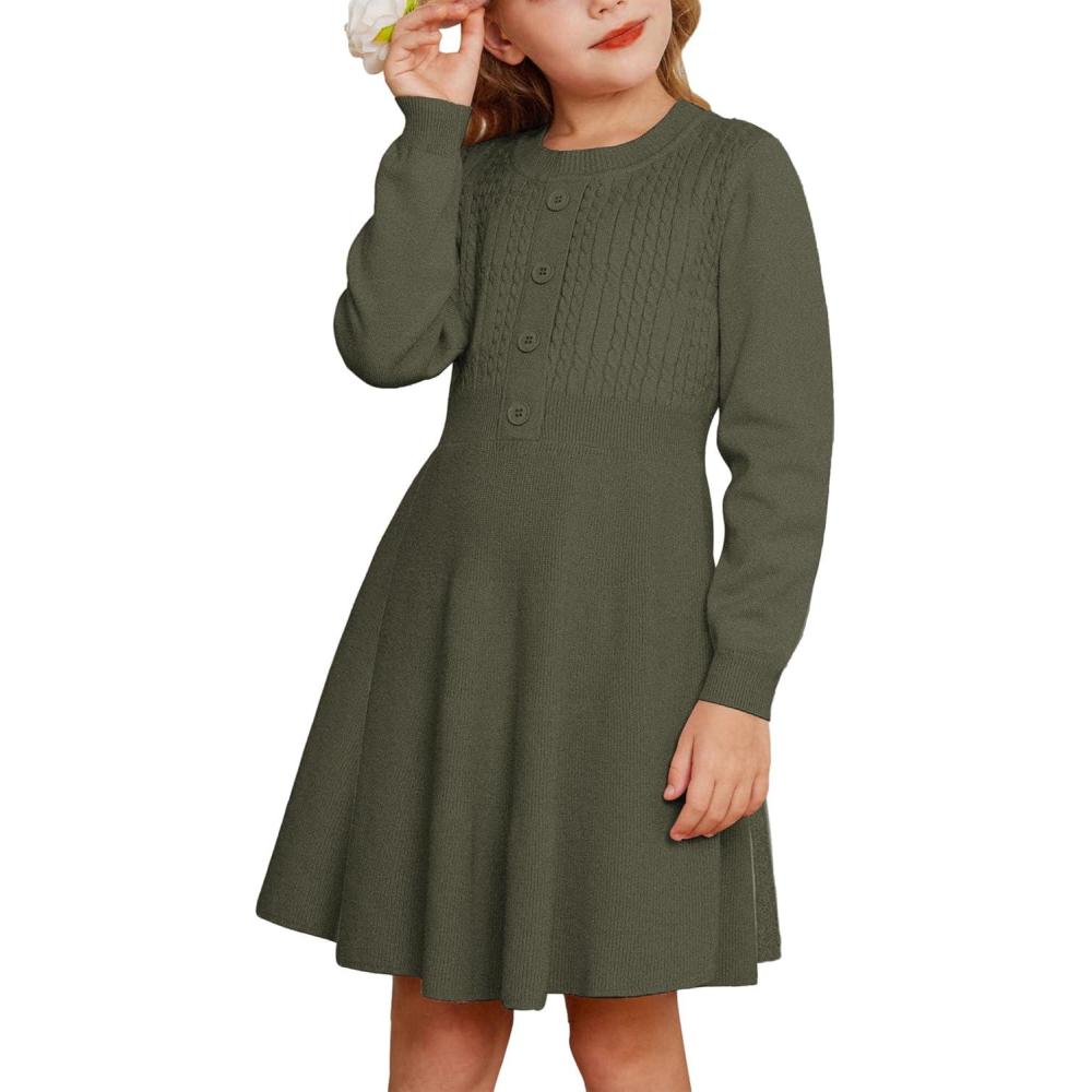 imageGRACE KARIN Girl Dress Long Sleeve Sweater Ruffle Button Front Knit Casual Fall Winter Dresses for Girls 512Tea Green