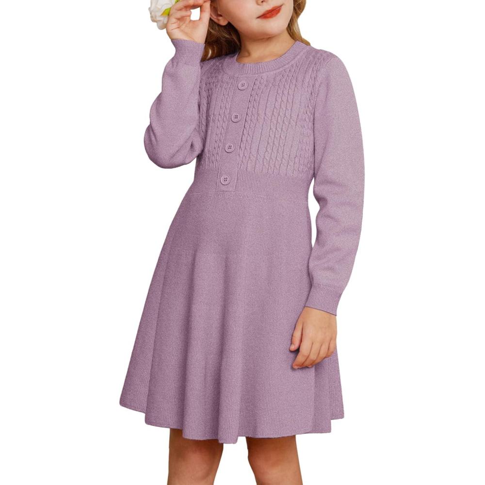imageGRACE KARIN Girl Dress Long Sleeve Sweater Ruffle Button Front Knit Casual Fall Winter Dresses for Girls 512Unique Purple
