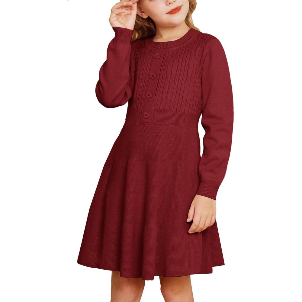 imageGRACE KARIN Girl Dress Long Sleeve Sweater Ruffle Button Front Knit Casual Fall Winter Dresses for Girls 512Wine Red
