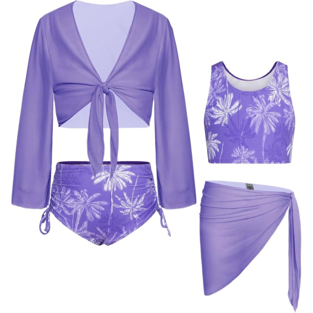 imageGRACE KARIN Girls Bathing Suit Adjustable Taniki Swimsuit Tie Front 4 Piece Bikini Set with Kimono Cover Up 614Purplecoconut