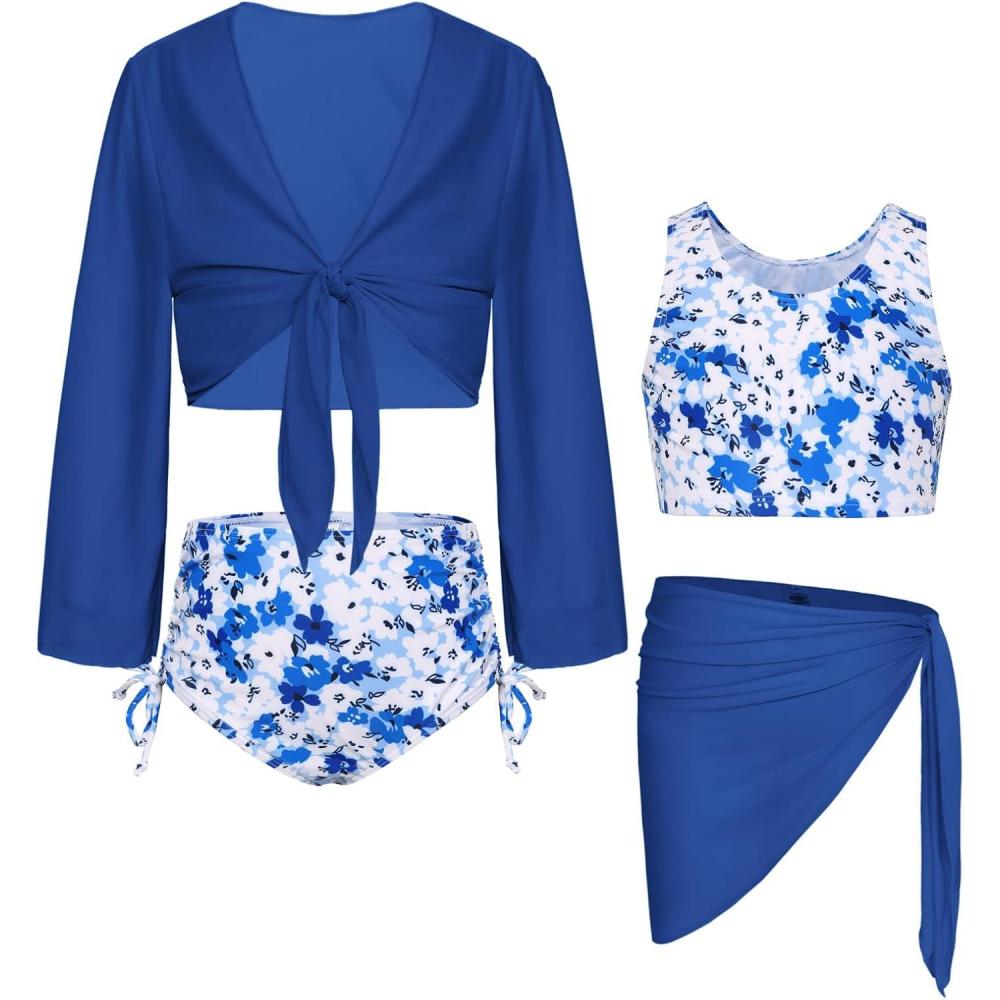imageGRACE KARIN Girls Bathing Suit Adjustable Taniki Swimsuit Tie Front 4 Piece Bikini Set with Kimono Cover Up 614White Blue Floral