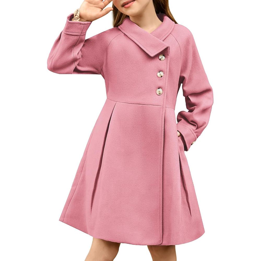 imageGRACE KARIN Girls Dress Coat Kids Wool Lapel Long Button Jackets Fall Winter Outerwear Peacoat with Pockets 512YPink