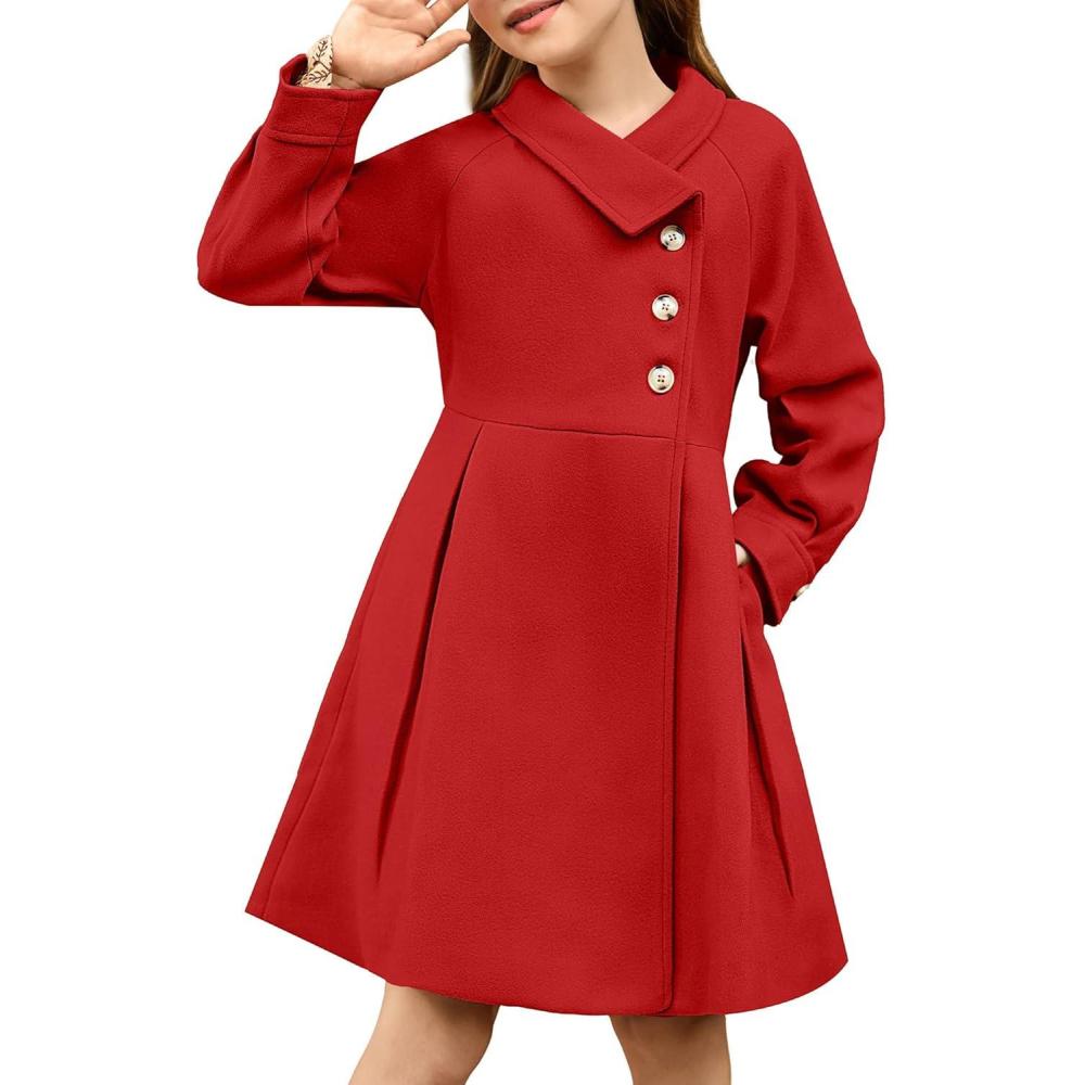imageGRACE KARIN Girls Dress Coat Kids Wool Lapel Long Button Jackets Fall Winter Outerwear Peacoat with Pockets 512YRed
