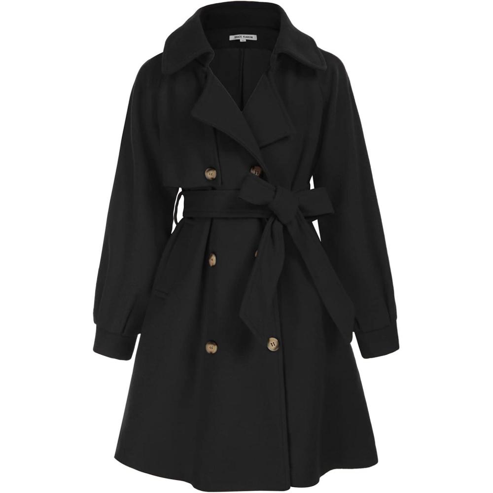 imageGRACE KARIN Girls Dress Coat Lapel Wool Blend Long Winter Jackets with Pockets Belt 614YBlack