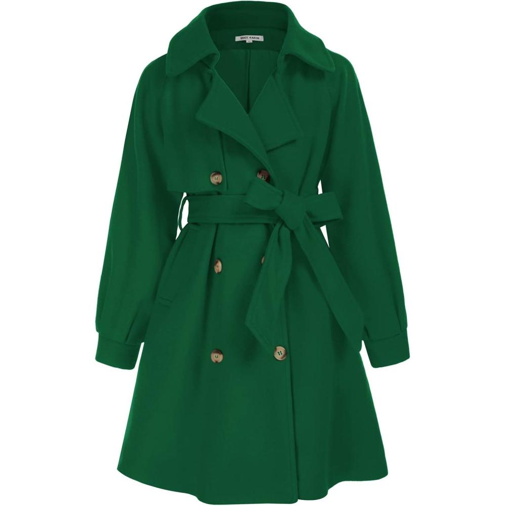imageGRACE KARIN Girls Dress Coat Lapel Wool Blend Long Winter Jackets with Pockets Belt 614YGreen