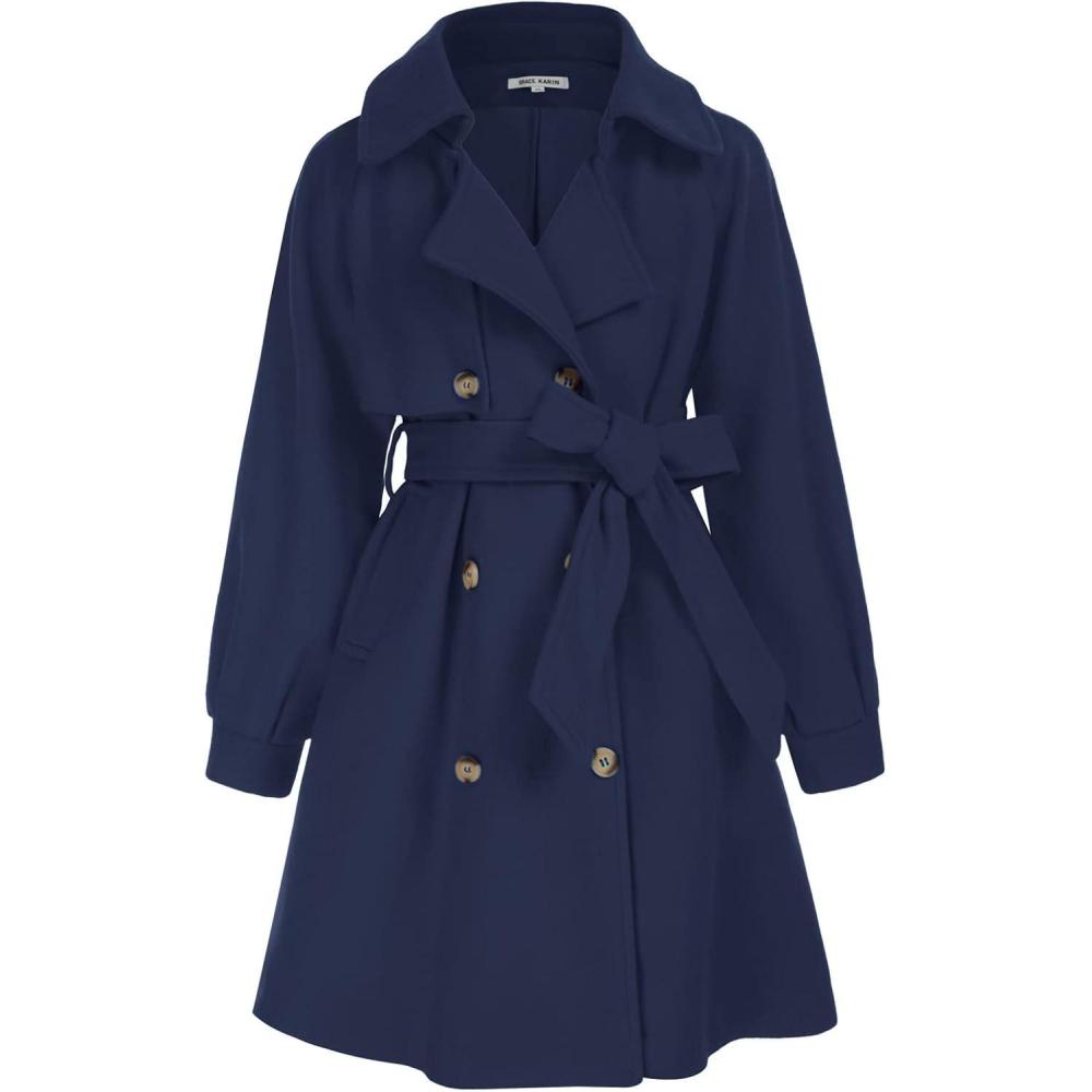 imageGRACE KARIN Girls Dress Coat Lapel Wool Blend Long Winter Jackets with Pockets Belt 614YNavy Blue