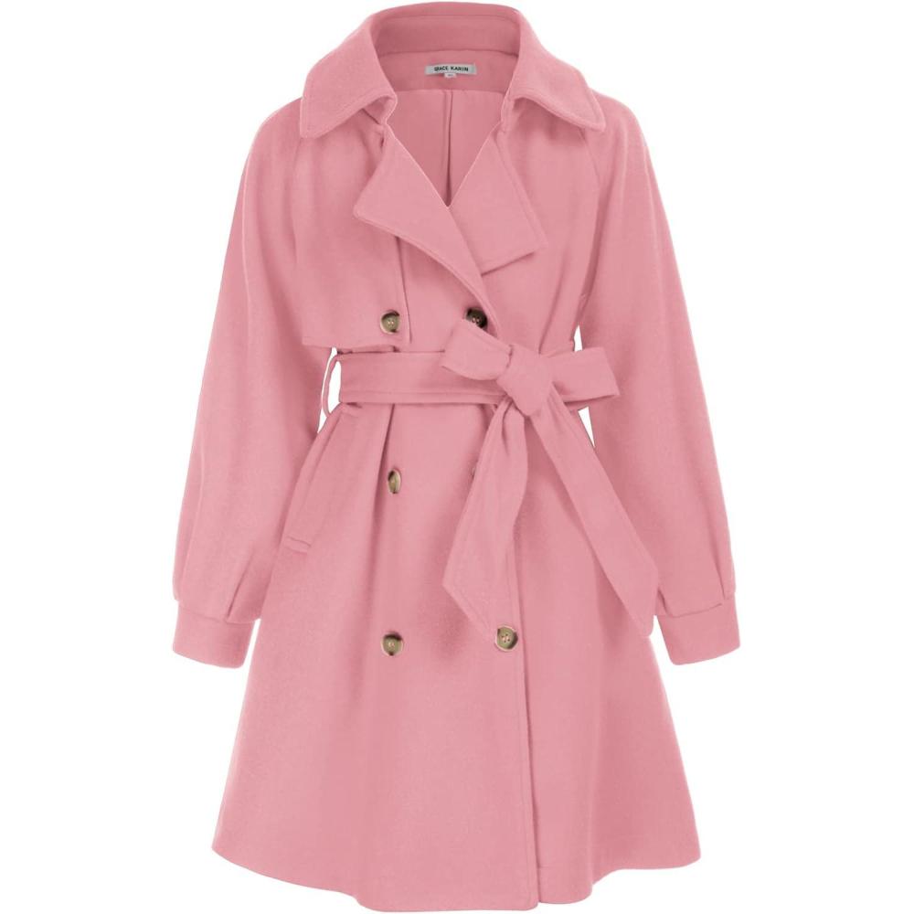 imageGRACE KARIN Girls Dress Coat Lapel Wool Blend Long Winter Jackets with Pockets Belt 614YPink