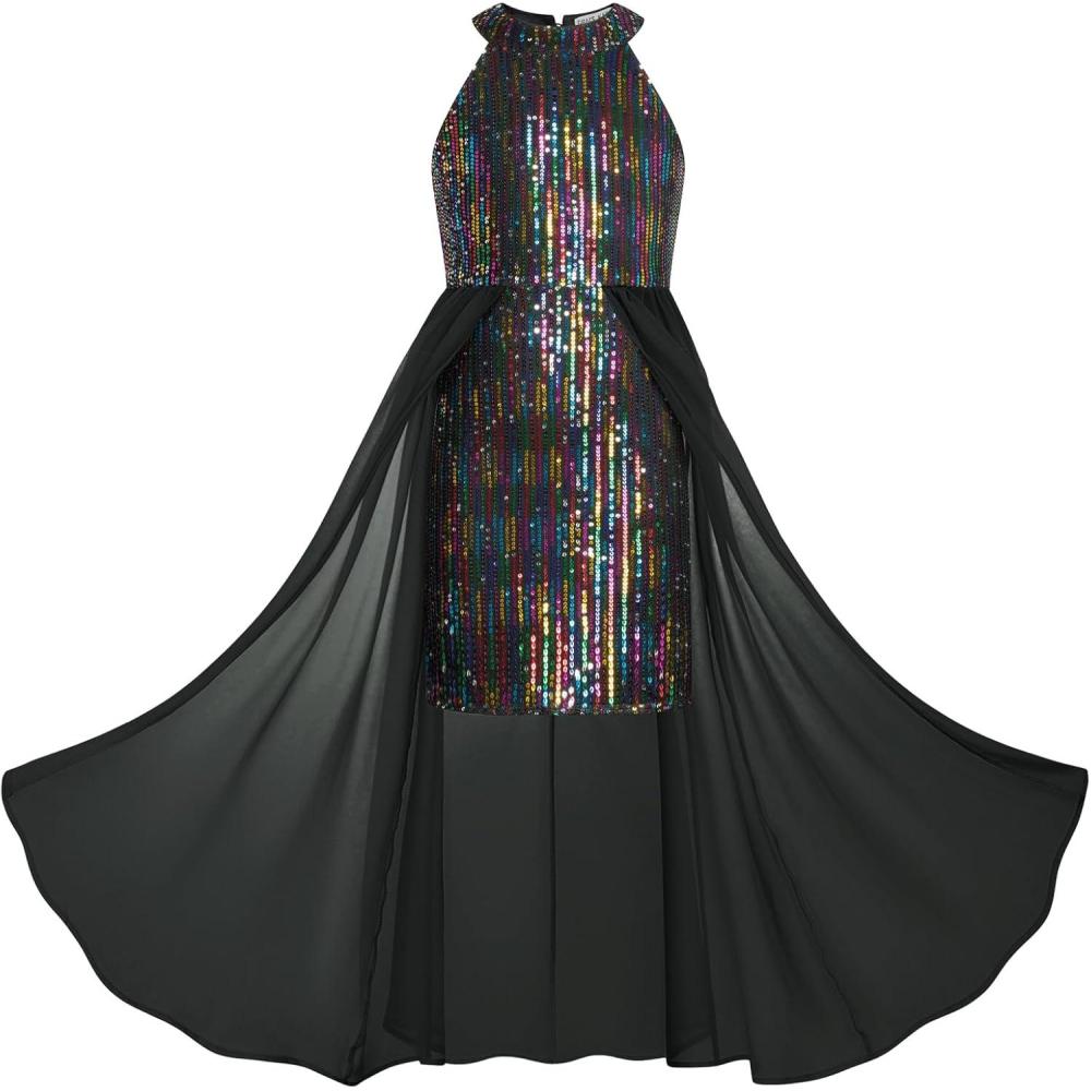imageGRACE KARIN Girls Halter Neck Sequin Dress 614Y Kids Fancy Formal Party Christmas Sparkly Pageant Birthday DressesBlack Fantasy Color