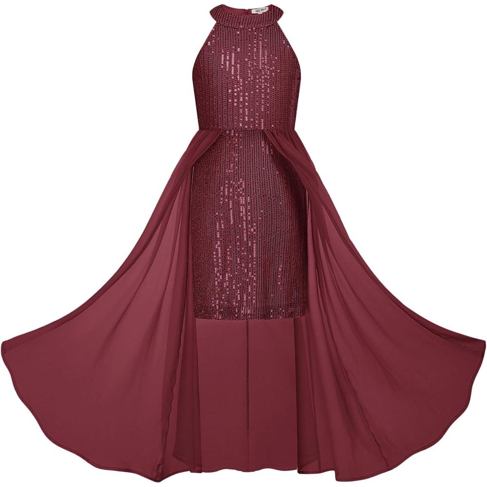 imageGRACE KARIN Girls Halter Neck Sequin Dress 614Y Kids Fancy Formal Party Christmas Sparkly Pageant Birthday DressesWine Red