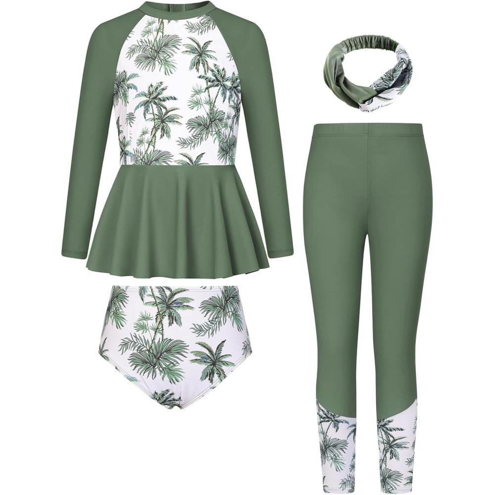 imageGRACE KARIN Girls Long Sleeve Swimsuit Mermaid Bathing Suit Rash Guard Swimwear 4 Piece Size 512Army Green Coconut Tree