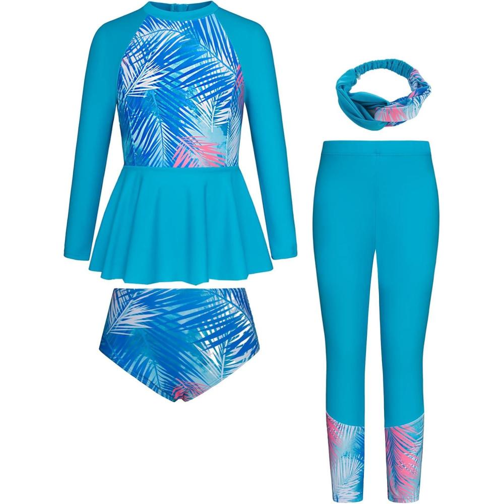imageGRACE KARIN Girls Long Sleeve Swimsuit Mermaid Bathing Suit Rash Guard Swimwear 4 Piece Size 512Bluefeather