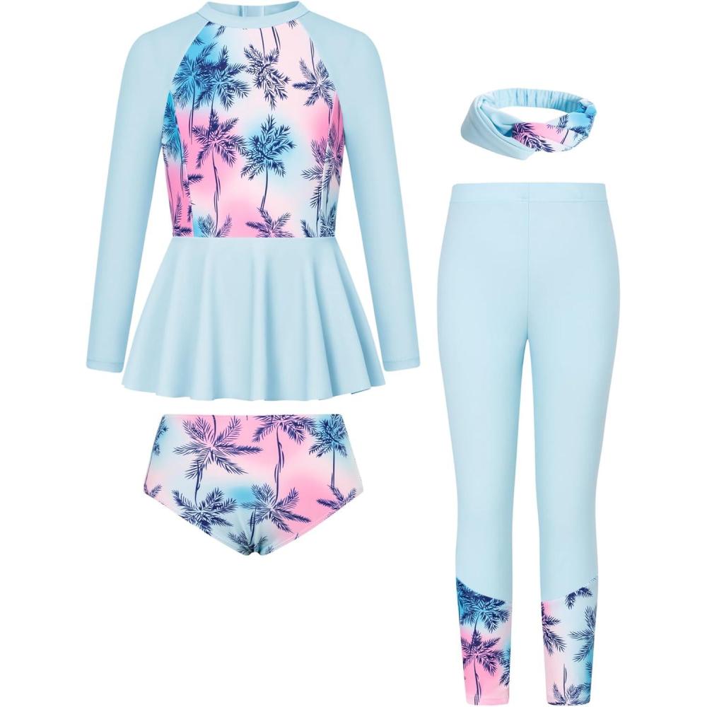 imageGRACE KARIN Girls Long Sleeve Swimsuit Mermaid Bathing Suit Rash Guard Swimwear 4 Piece Size 512Coconut Plam