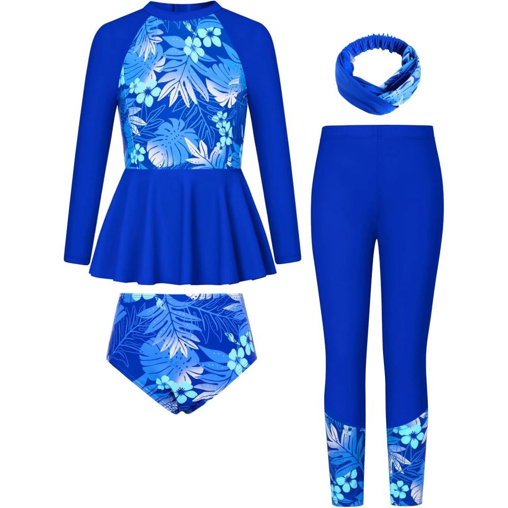 imageGRACE KARIN Girls Long Sleeve Swimsuit Mermaid Bathing Suit Rash Guard Swimwear 4 Piece Size 512Klein Blue Leaves