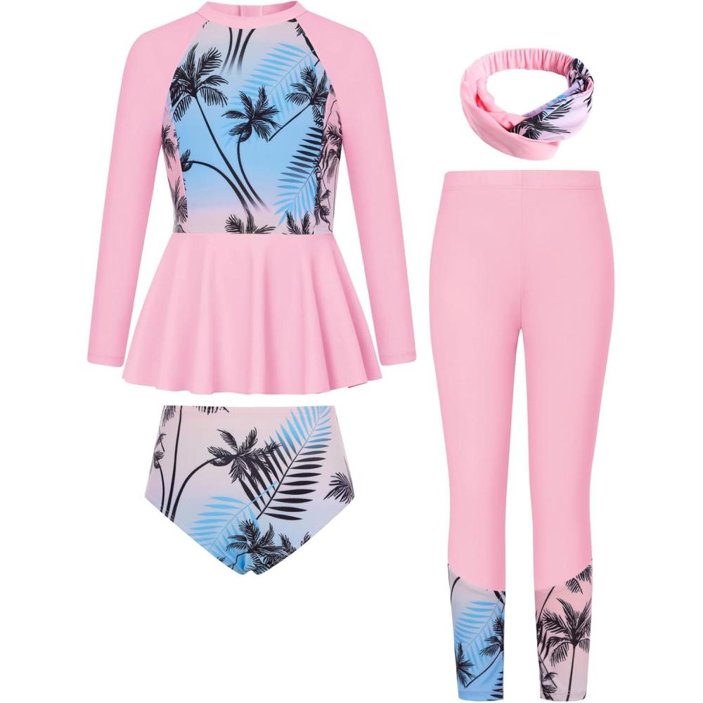 imageGRACE KARIN Girls Long Sleeve Swimsuit Mermaid Bathing Suit Rash Guard Swimwear 4 Piece Size 512Powder Blue Leaves