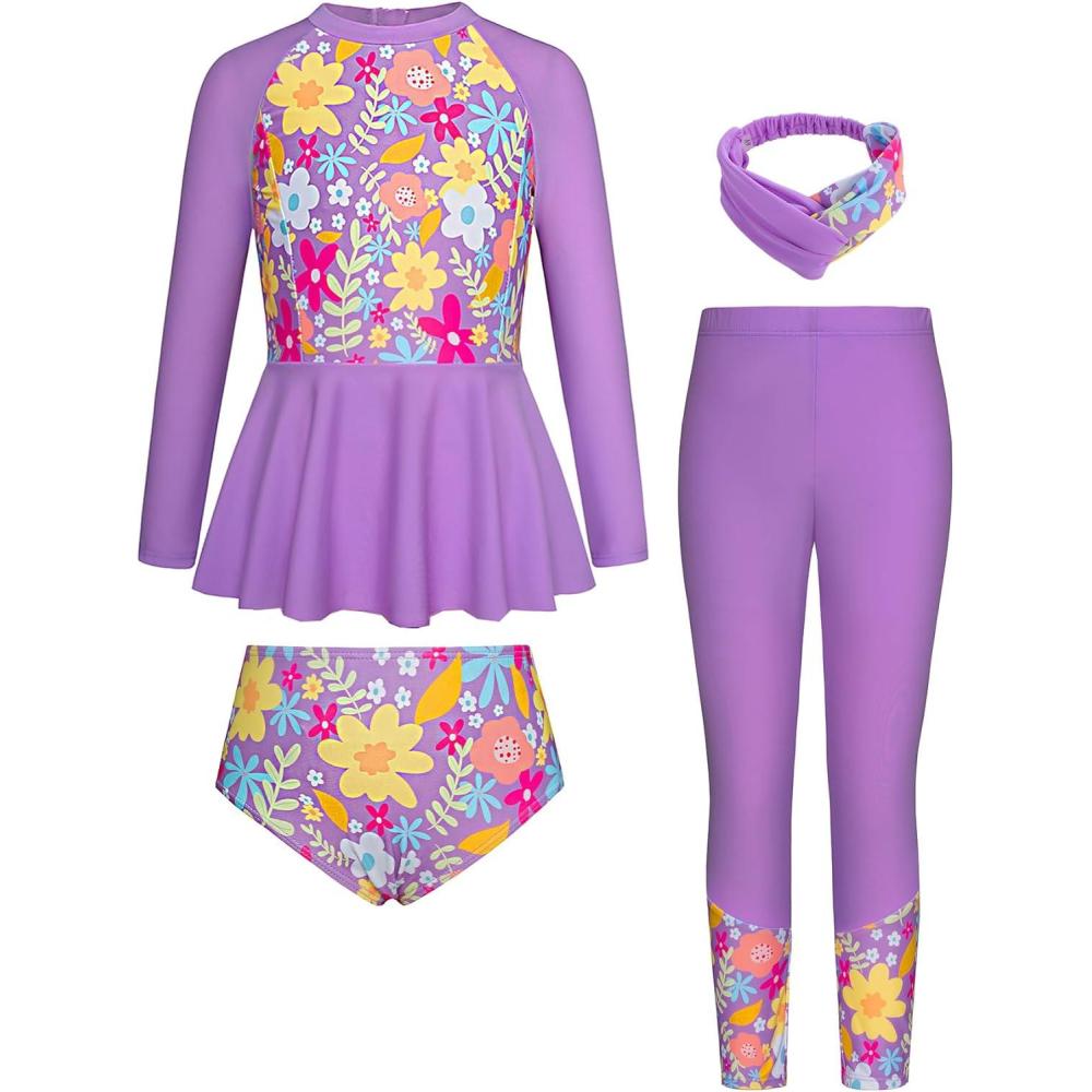 imageGRACE KARIN Girls Long Sleeve Swimsuit Mermaid Bathing Suit Rash Guard Swimwear 4 Piece Size 512Purplefloral