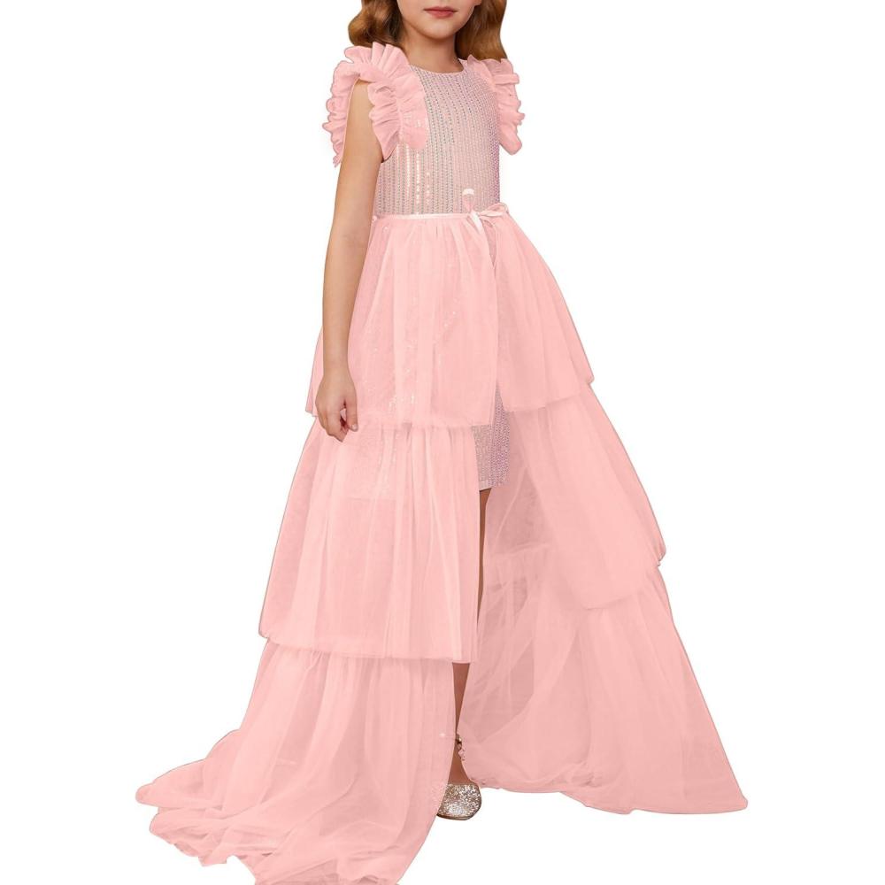 imageGRACE KARIN Girls Sequin Dress Formal Pageant Sparkle Party Ruffle Prom Maxi Dress Size 514YFantasy Pink
