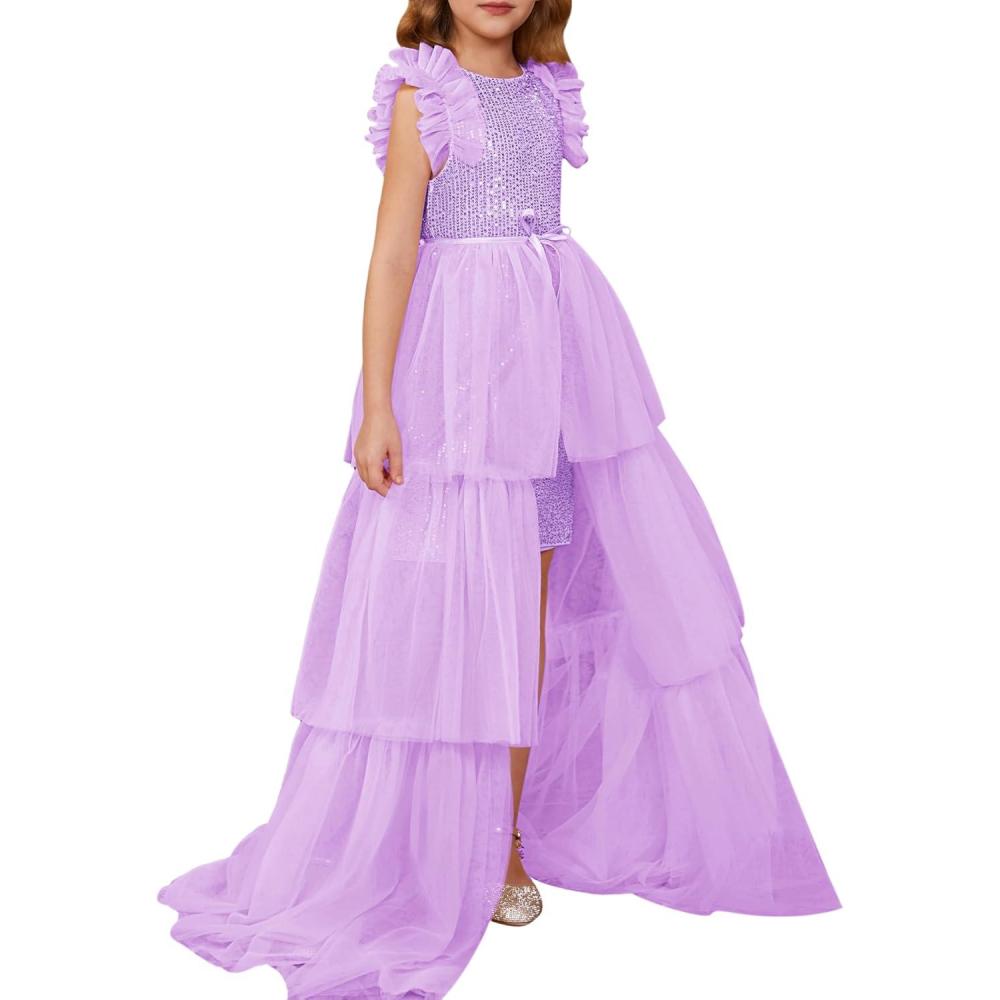 imageGRACE KARIN Girls Sequin Dress Formal Pageant Sparkle Party Ruffle Prom Maxi Dress Size 514YLight Purple