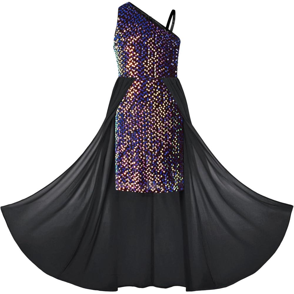 imageGRACE KARIN Girls Sequin Dress One Sleeve Formal Pageant Prom Party Special Occasion Dresses Size 514Black Purple