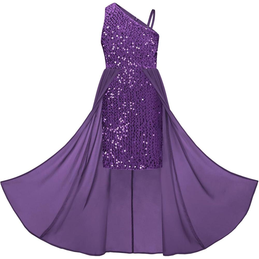 imageGRACE KARIN Girls Sequin Dress One Sleeve Formal Pageant Prom Party Special Occasion Dresses Size 514Dark Purple