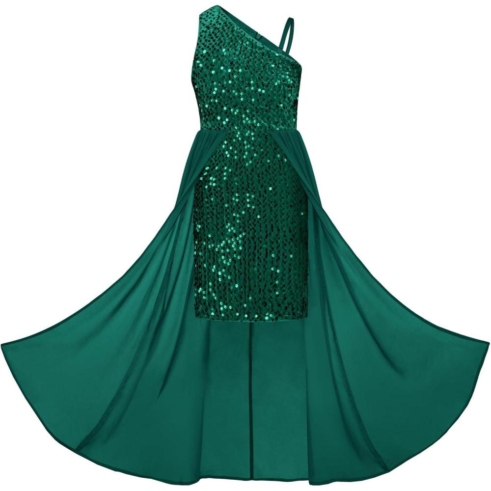 imageGRACE KARIN Girls Sequin Dress One Sleeve Formal Pageant Prom Party Special Occasion Dresses Size 514Green