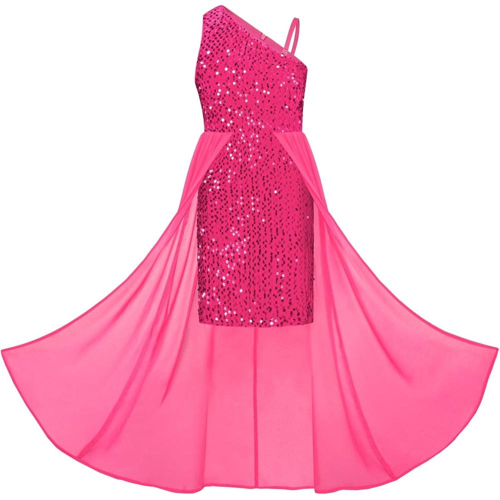imageGRACE KARIN Girls Sequin Dress One Sleeve Formal Pageant Prom Party Special Occasion Dresses Size 514Hot Pink