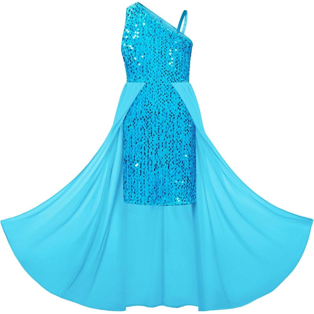 imageGRACE KARIN Girls Sequin Dress One Sleeve Formal Pageant Prom Party Special Occasion Dresses Size 514Light Blue