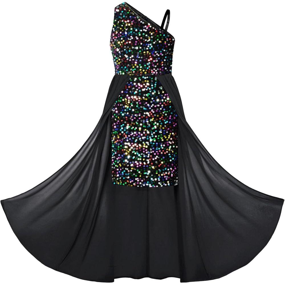 imageGRACE KARIN Girls Sequin Dress One Sleeve Formal Pageant Prom Party Special Occasion Dresses Size 514Magic Black