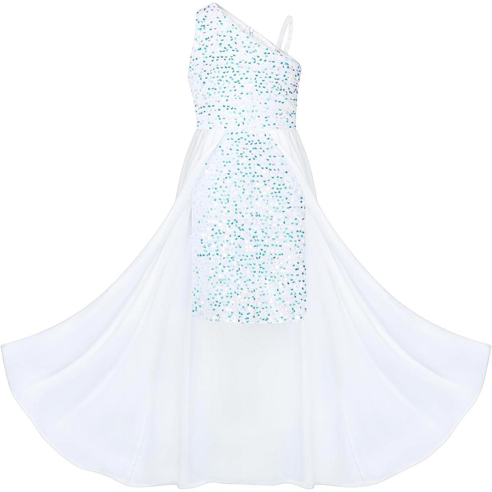 imageGRACE KARIN Girls Sequin Dress One Sleeve Formal Pageant Prom Party Special Occasion Dresses Size 514Magic White