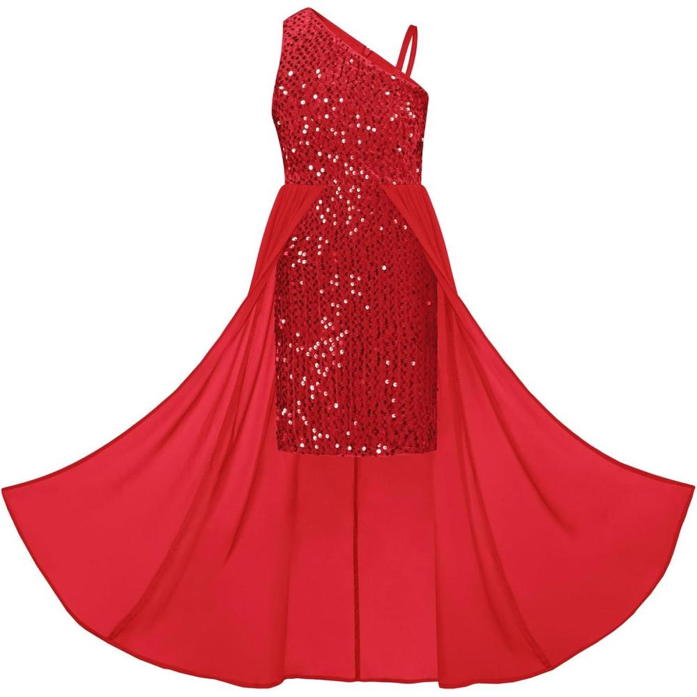 imageGRACE KARIN Girls Sequin Dress One Sleeve Formal Pageant Prom Party Special Occasion Dresses Size 514Red