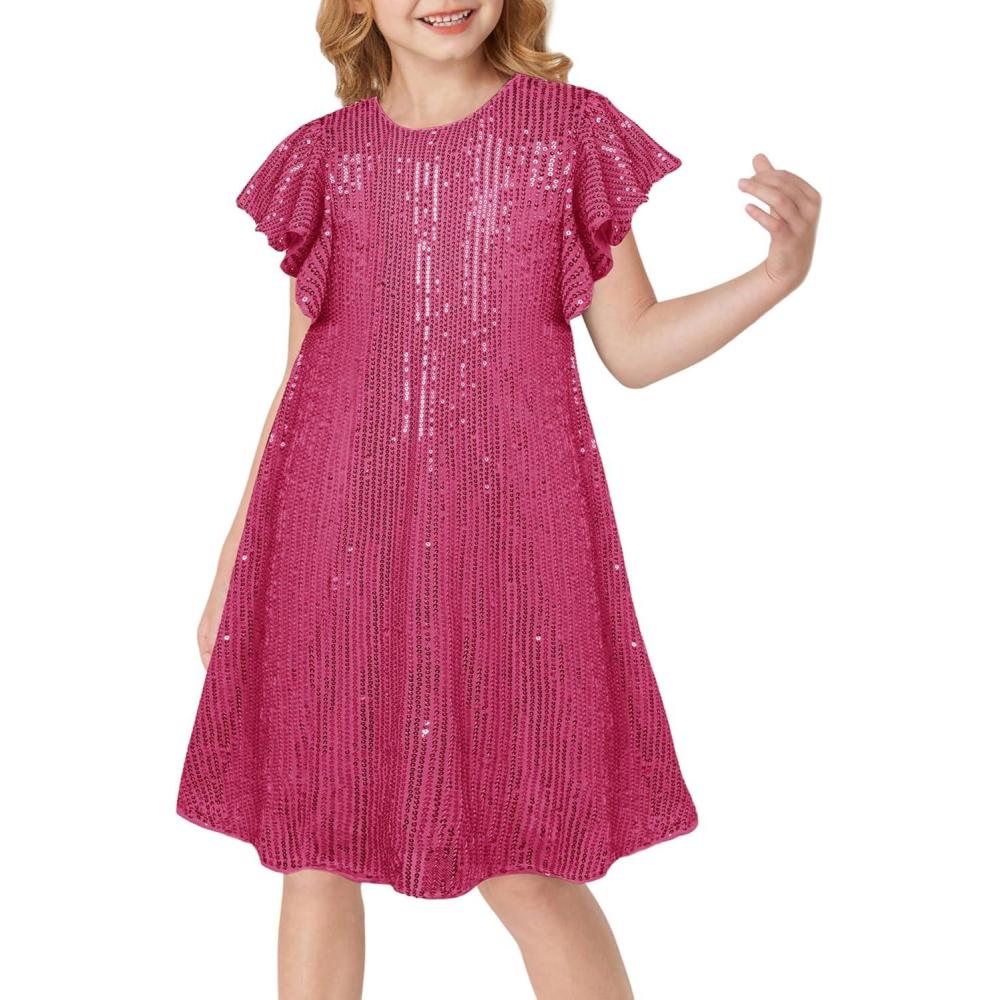 imageGRACE KARIN Girls Sequin Dress Short Flutter Sleeve Flare Silhouette Midi Dress with Hairbow 512YHot Pink