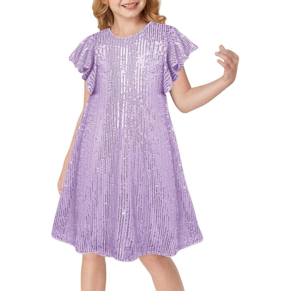 imageGRACE KARIN Girls Sequin Dress Short Flutter Sleeve Flare Silhouette Midi Dress with Hairbow 512YLight Purple
