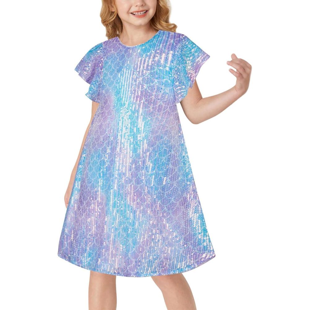 imageGRACE KARIN Girls Sequin Dress Short Flutter Sleeve Flare Silhouette Midi Dress with Hairbow 512YMermaid