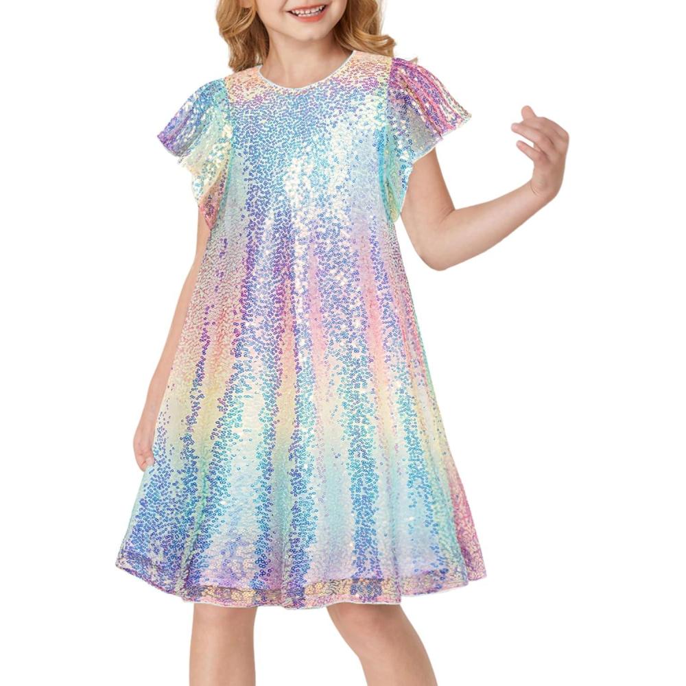 imageGRACE KARIN Girls Sequin Dress Short Flutter Sleeve Flare Silhouette Midi Dress with Hairbow 512YMulticolored