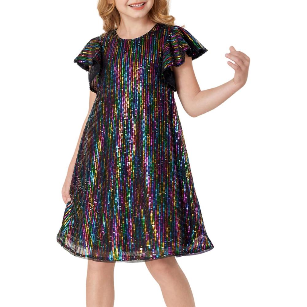 imageGRACE KARIN Girls Sequin Dress Short Flutter Sleeve Flare Silhouette Midi Dress with Hairbow 512YMulticoloured on Black