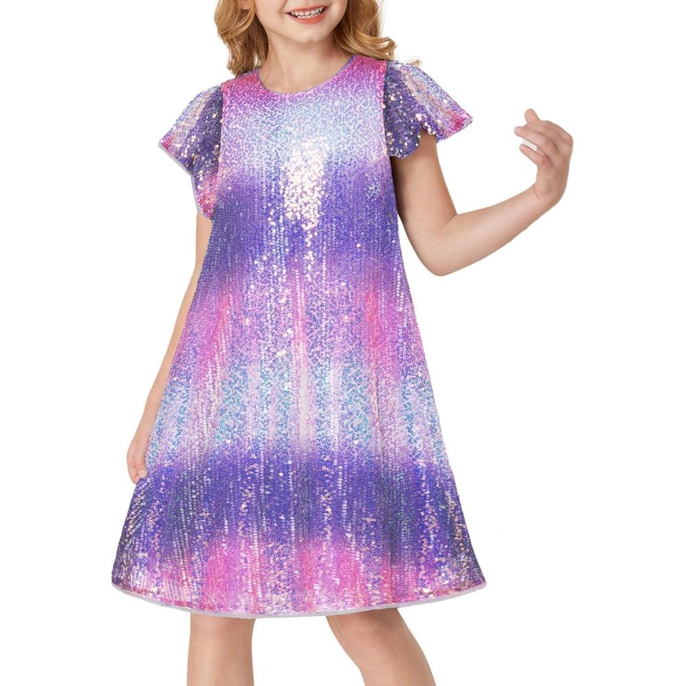 imageGRACE KARIN Girls Sequin Dress Short Flutter Sleeve Flare Silhouette Midi Dress with Hairbow 512YPurple Rainbow