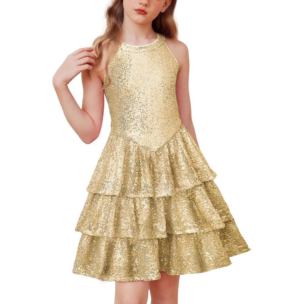 imageGRACE KARIN Girls Sequin Party Dress Kids Sparkly Formal Birthday Teen Special Occasion Fancy Pageant Dresses Size 614Gold