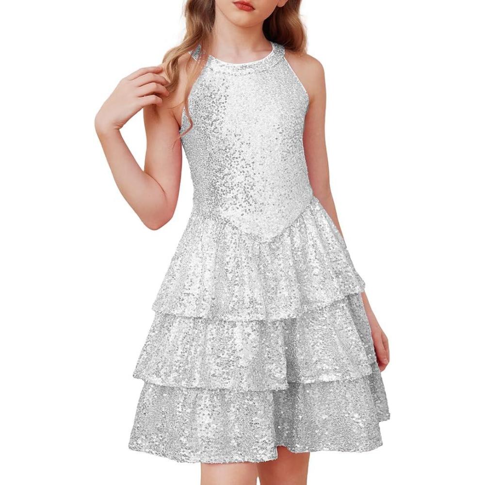 imageGRACE KARIN Girls Sequin Party Dress Kids Sparkly Formal Birthday Teen Special Occasion Fancy Pageant Dresses Size 614Silver White