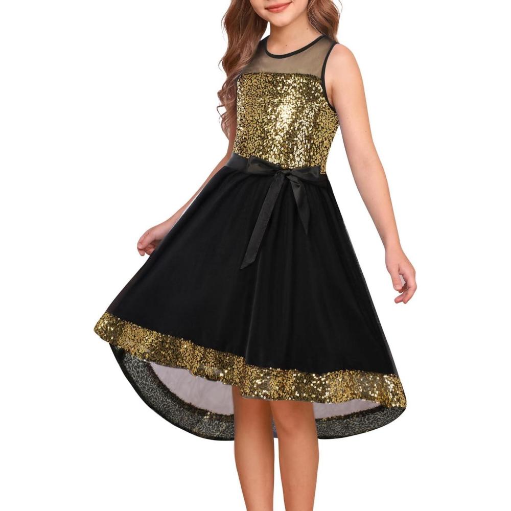 imageGRACE KARIN Girls Sequin Party Formal Dress Wedding Guest Sparkle Fancy Birthday Tulle High Low Prom Dresses 614 YearsBlackgold
