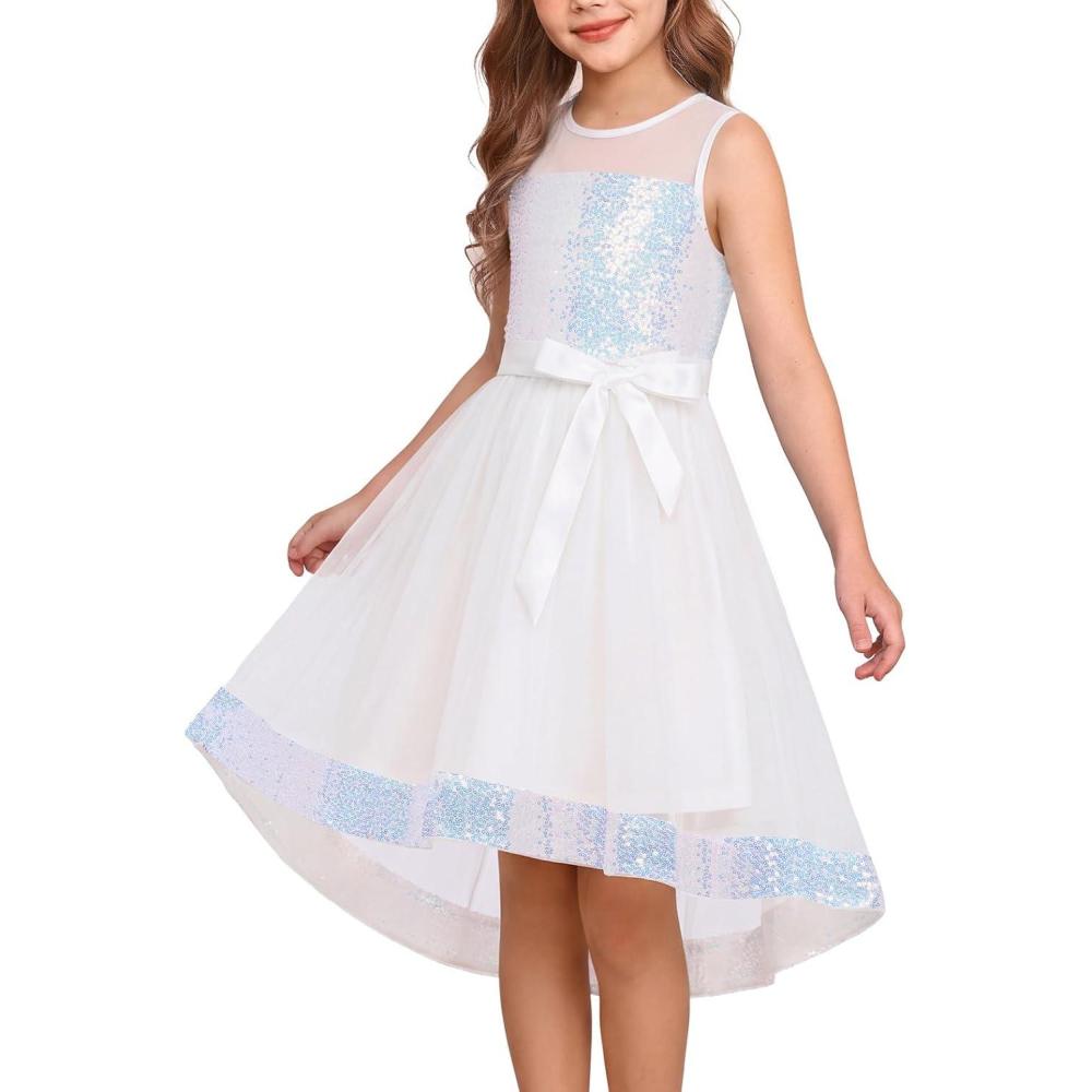 imageGRACE KARIN Girls Sequin Party Formal Dress Wedding Guest Sparkle Fancy Birthday Tulle High Low Prom Dresses 614 YearsWhite