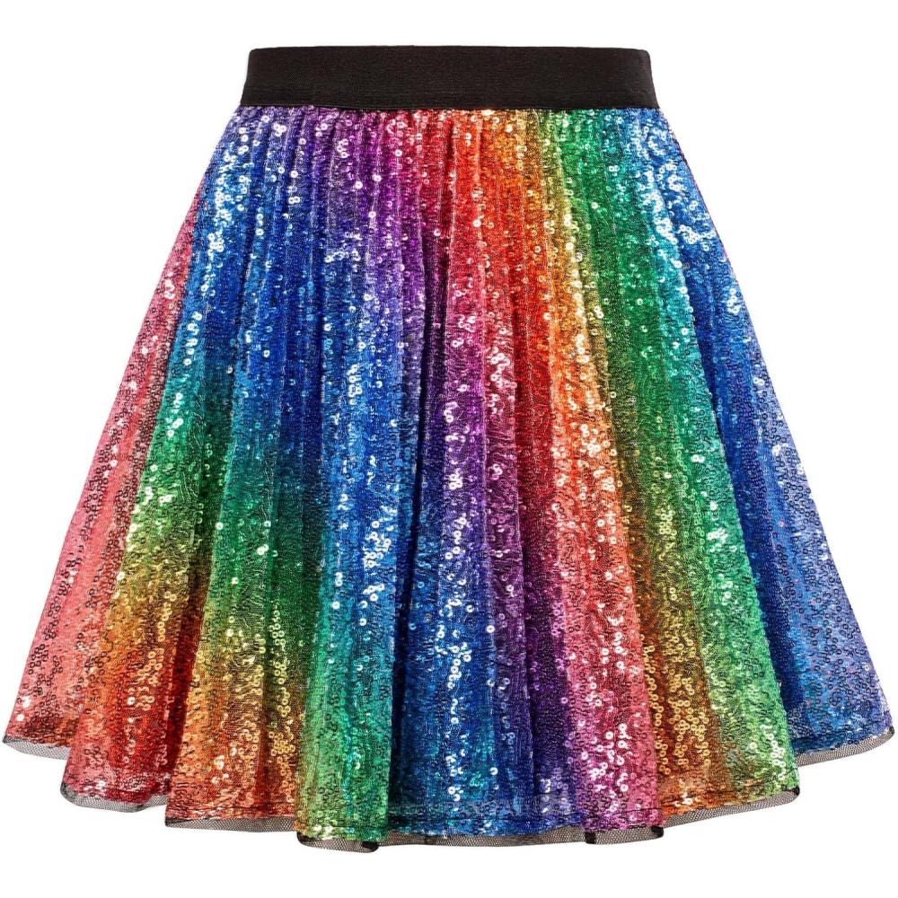 imageGRACE KARIN Girls Sequin Skirt Elastic Waist Sparkle Pleated Skirt for Party 514YRainbow